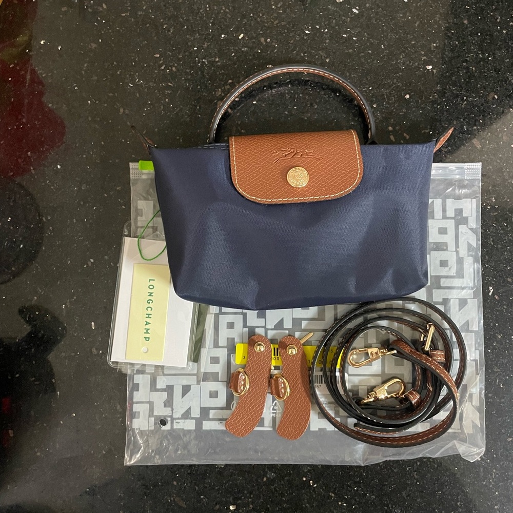 Longchamp Navy and Brown Mini Le Pliage Top-Handle Crossbody